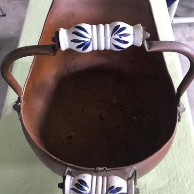 Copper Pot w/porcelain handles & lions head embellishments