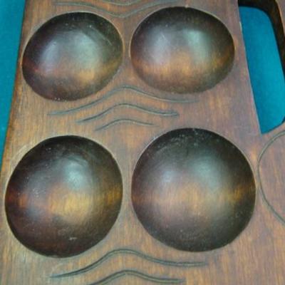 GR 168 - Hand Carved & Painted Wooden Bat & Mancala Monkey Pod Game Bowl