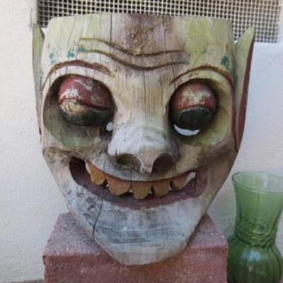 P 101 - Wooden Mask w/ Ceramic & Glass Vases