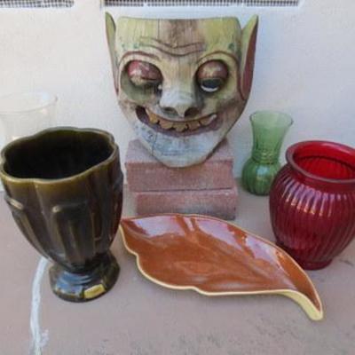 P 101 - Wooden Mask w/ Ceramic & Glass Vases
