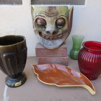 P 101 - Wooden Mask w/ Ceramic & Glass Vases