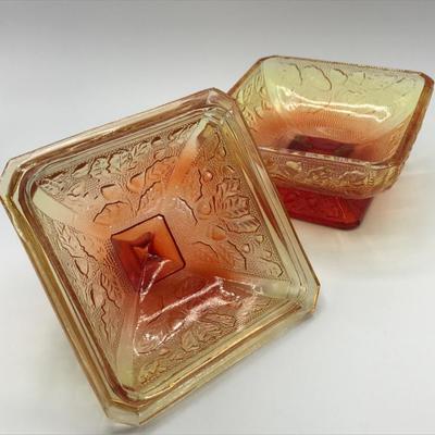 Jeannette Glass Amberina Acorn and Oak Leaf Square Candy Dish with Lid 