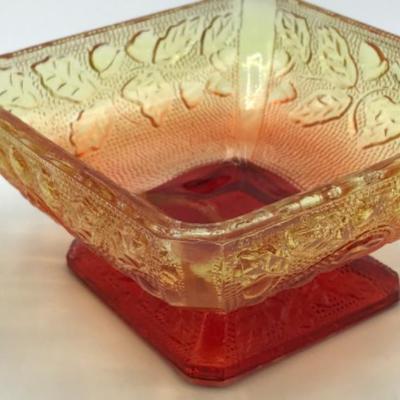 Jeannette Glass Amberina Acorn and Oak Leaf Square Candy Dish with Lid 