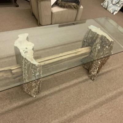 RUSTIC BENCH MADE DRIFTWOOD & BEVELLED GLASS COFFEE TABLE