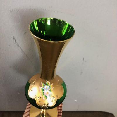#128Italian MORANOGREEN  hand decorated Flower Vase