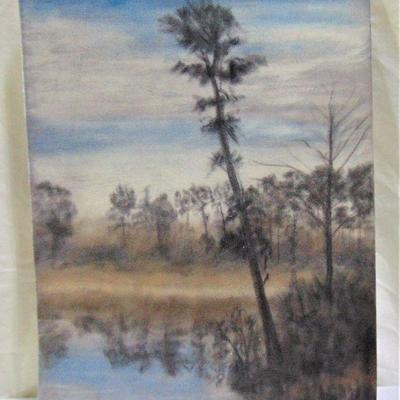 Pastel of winter scene with water and leaning tree by Alison Webb