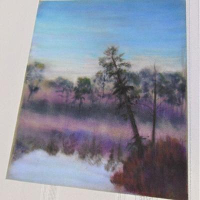 Pastel of foggy winter scene with leaning tree and water by Alison Webb
