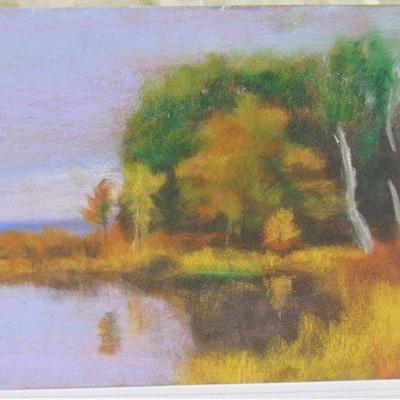 Pastel of autumn lake by Alison Webb