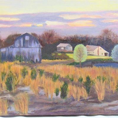 Oil painting of farmhouse and barn by Alison Webb