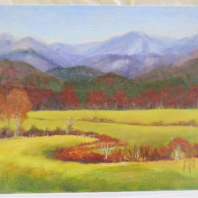 Oil painting of autumn mountains and field by Alison Webb