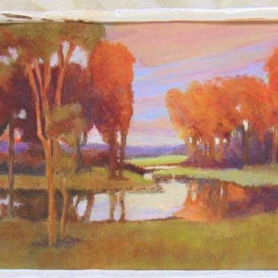 Pastel of autumn trees and reflecting river by Alison Webb