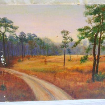 Oil painting of autumn trees and dirt road by Alison Webb