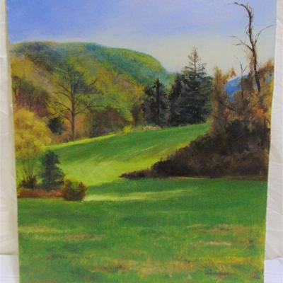 Oil painting of summer field with trees by Alison Webb