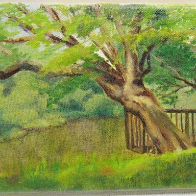 Oil painting of summer trees and wooden walkway by Alison Webb