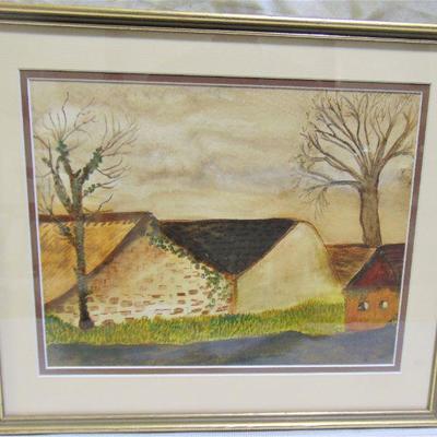 Framed and matted oil painting of old houses with bare trees by Alison Webb