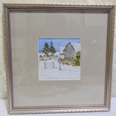 Framed and matted oil painting of winter cabin by Alison Webb