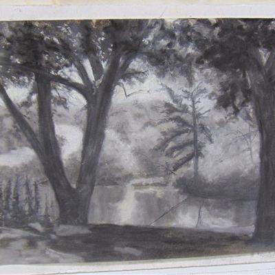 Charcoal drawing of river and trees by Alison Webb