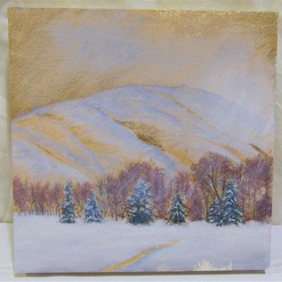 Oil painting of snowy golden mountains with evergreen trees by Alison Webb