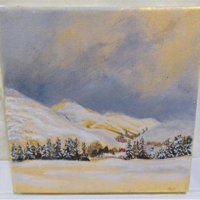 Oil painting of snowy golden mountains and valleys by Alison Webb