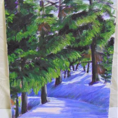 Oil painting of snow and evergreens by Alison Webb