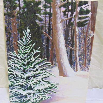 Oil painting of snowy woods by Alison Webb