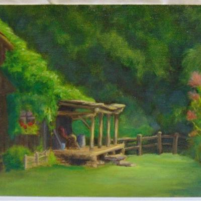 Oil painting of summer cabin porch by Alison Webb