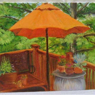 Oil painting of summer patio with umbrella by Alison Webb