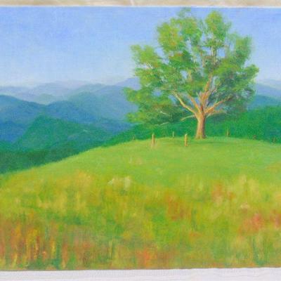 Oil painting of summer tree and mountains by Alison Webb