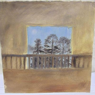 Oil painting of trees and terrace by Alison Webb