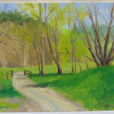 Oil painting of country path and gate by Alison Webb