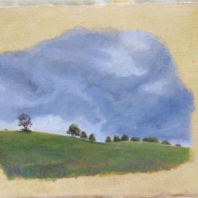 Oil painting of trees and hills in coming storm by Alison Webb