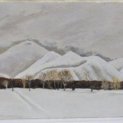 Oil painting of silvery snowy trees by Alison Webb