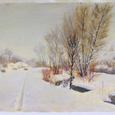 Oil painting of snowy field by Alison Webb