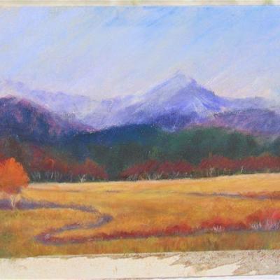 Pastel of autumn trees and mountains by Alison Webb