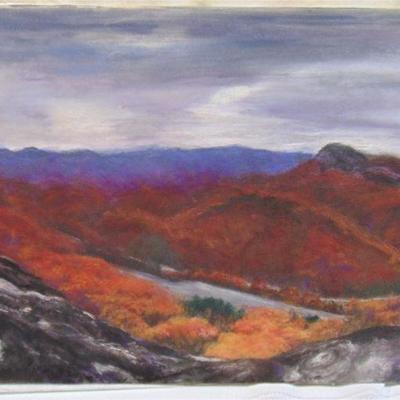 Pastel of autumn mountains and river by Alison Webb