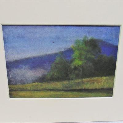 Matted pastel of trees and mountain by Alison Webb