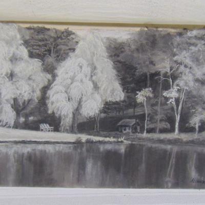 Black and white pastel of summer cabin in woods by water by Alison Webb