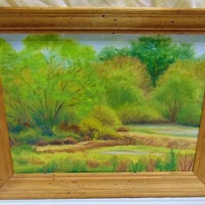 Framed oil painting of wooded scene by Alison Webb
