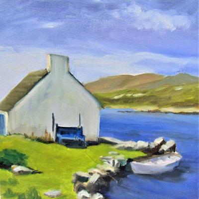 Oil painting of seaside house and dinghy by Alison Webb