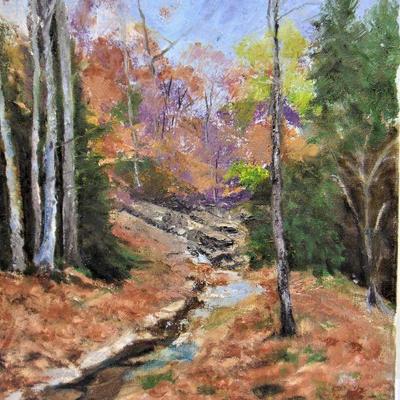 Oil painting of autumn woods by Alison Webb
