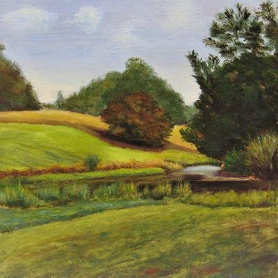 Oil painting of river and hill by Alison Webb