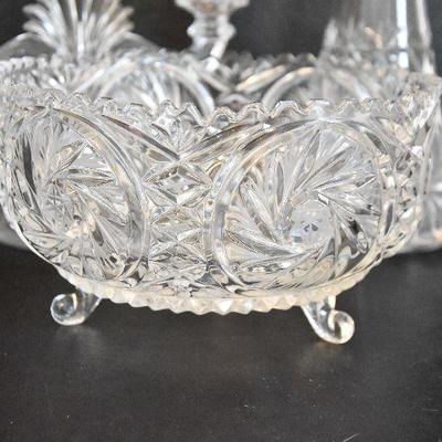 D Lot 46: Vintage Footed Glass Bowl, Decanter, and Candlestick