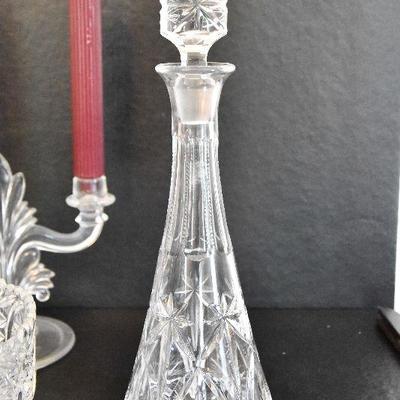 D Lot 46: Vintage Footed Glass Bowl, Decanter, and Candlestick