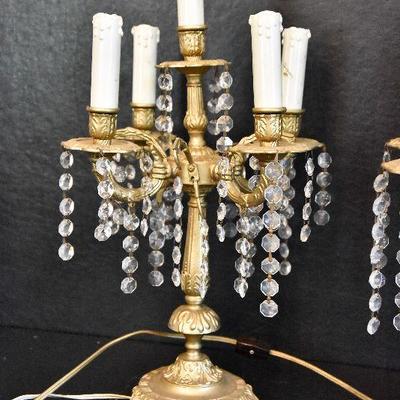 D Lot 57: Pair of Vintage Goldtone Brass Lamps with Prisms