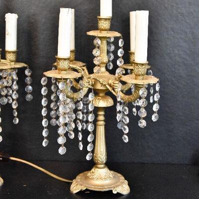 D Lot 57: Pair of Vintage Goldtone Brass Lamps with Prisms