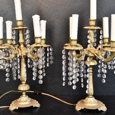 D Lot 57: Pair of Vintage Goldtone Brass Lamps with Prisms