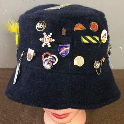 #197 Blue Wool Knit Bucket Hat  with MANY Collectible Pins!  