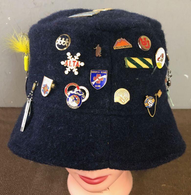 #197 Blue Wool Knit Bucket Hat with MANY Collectible Pins