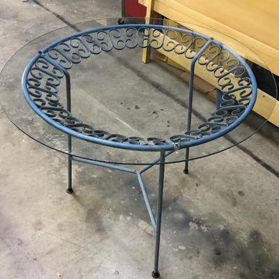 #244 Blue WOODARD? Round Glass Iron Patio Table 