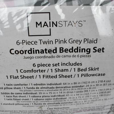 Mainstays Pink & Grey Plaid Bed in a Bag Set, Twin. Open Package, Warehouse Dirt